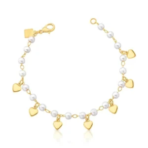 PULSEIRA COM PÉROLAS E PINGENTES DE CORAÇÕES PÊNDULO ROMÂNTICO - 16 CM