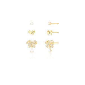 TRIO DE BRINCOS COM LAÇOS E CRISTAL REDONDO