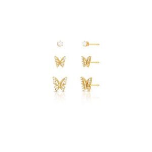 TRIO DE BRINCOS COM BORBOLETAS E CRISTAL REDONDO